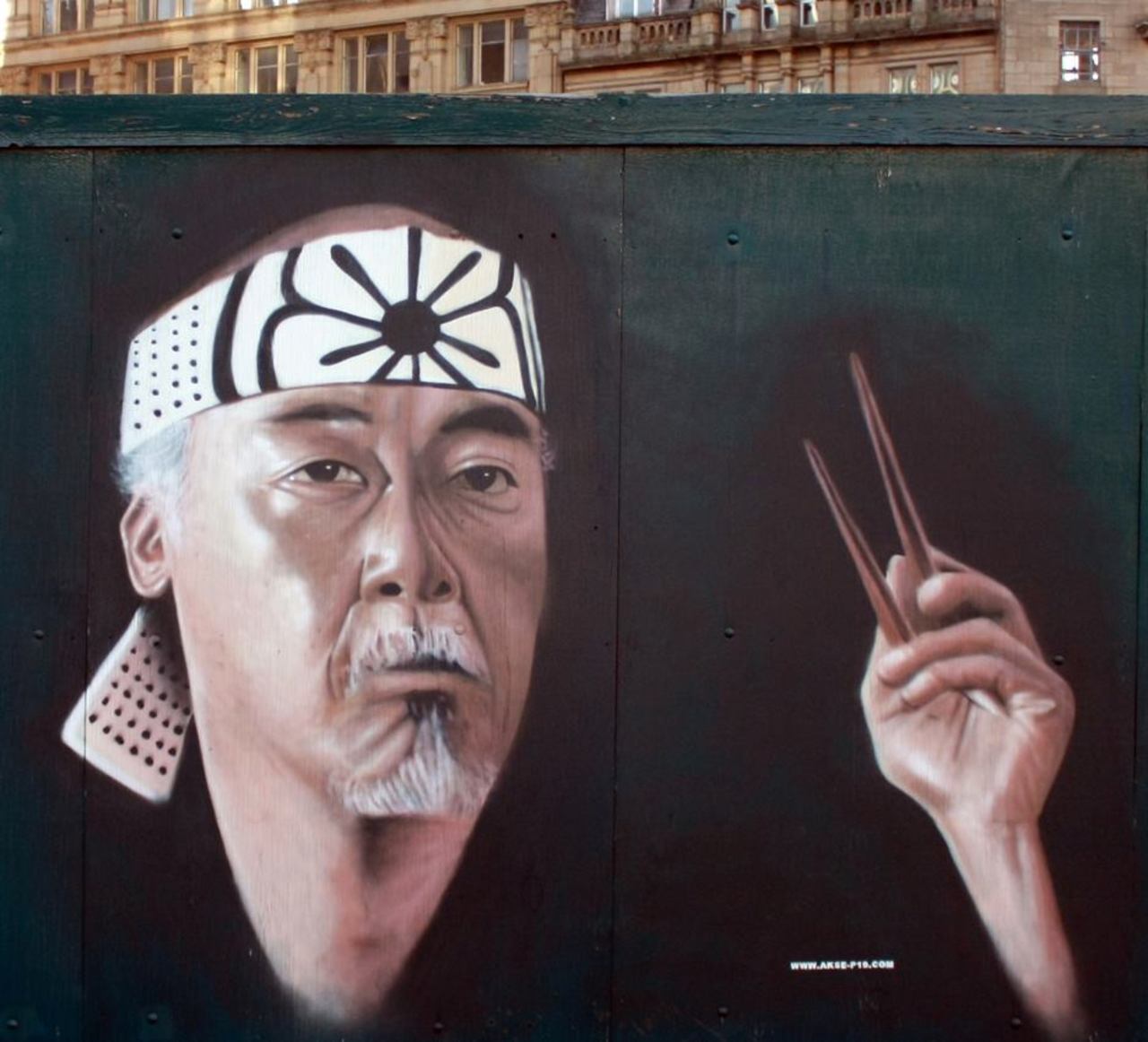 By Akse P19 portrait of Master Miyagi - The Way of the Chopsticks! –  Bradford UK #streetart #japan https://t.co/e87zVzyUvI